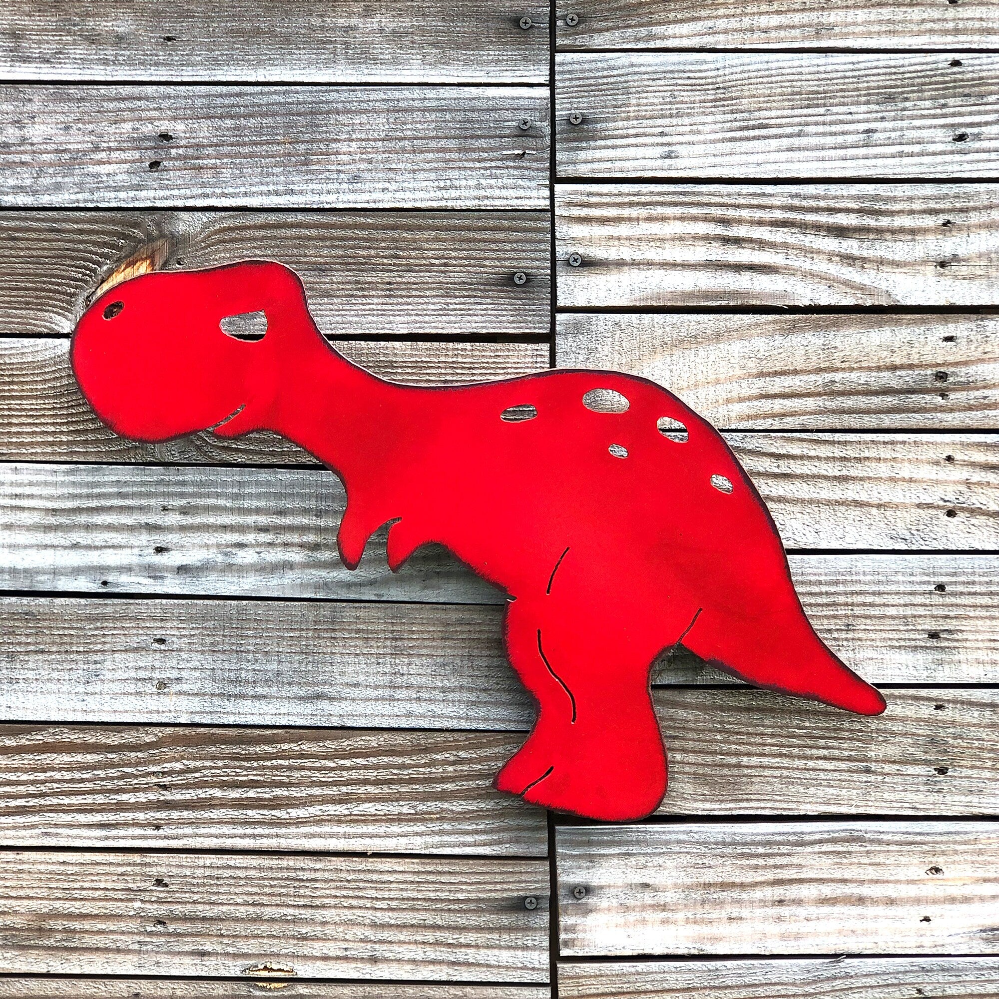 Handmade Metal Baby T-Rex Wall Art: Privacy Fence Dinosaur Decor