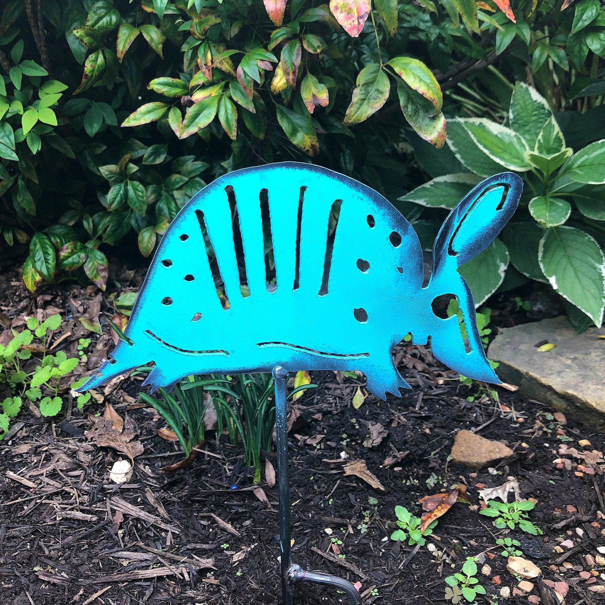Turquoise Metal Armadillo Yard Art: Southwestern Garden Stake