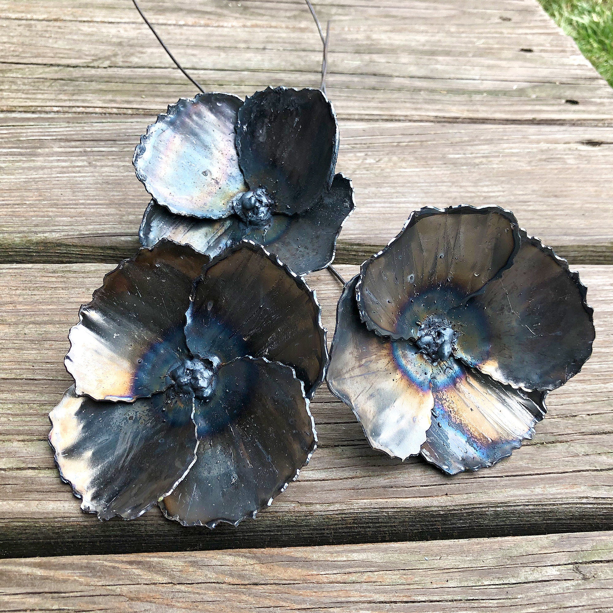 Handmade Steel Poppy Flower Stakes: Rustic Home Decor, Set of 3