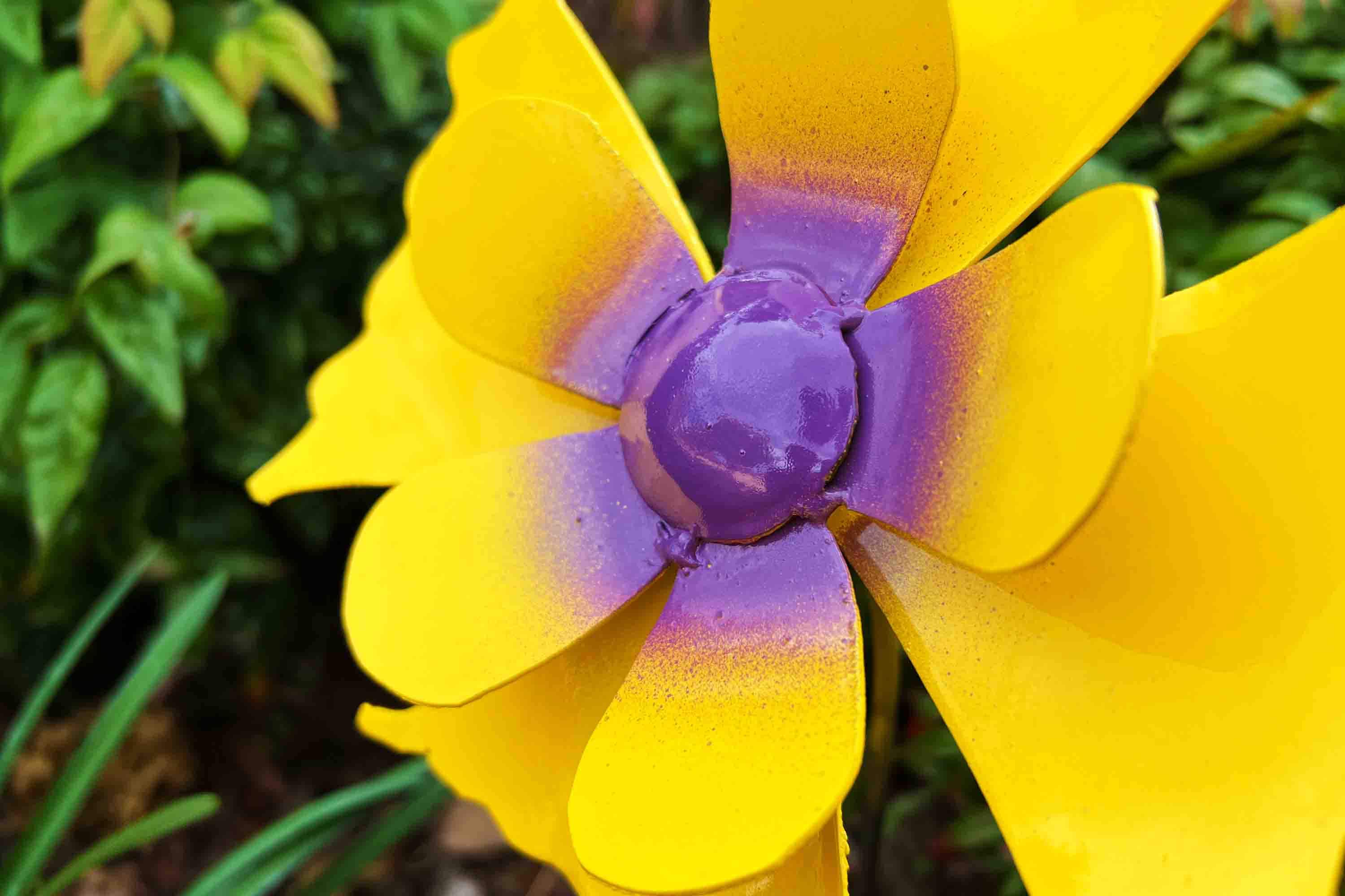 Gabriela Metal Flower Stake: Yellow & Purple Garden Art (22" Tall)