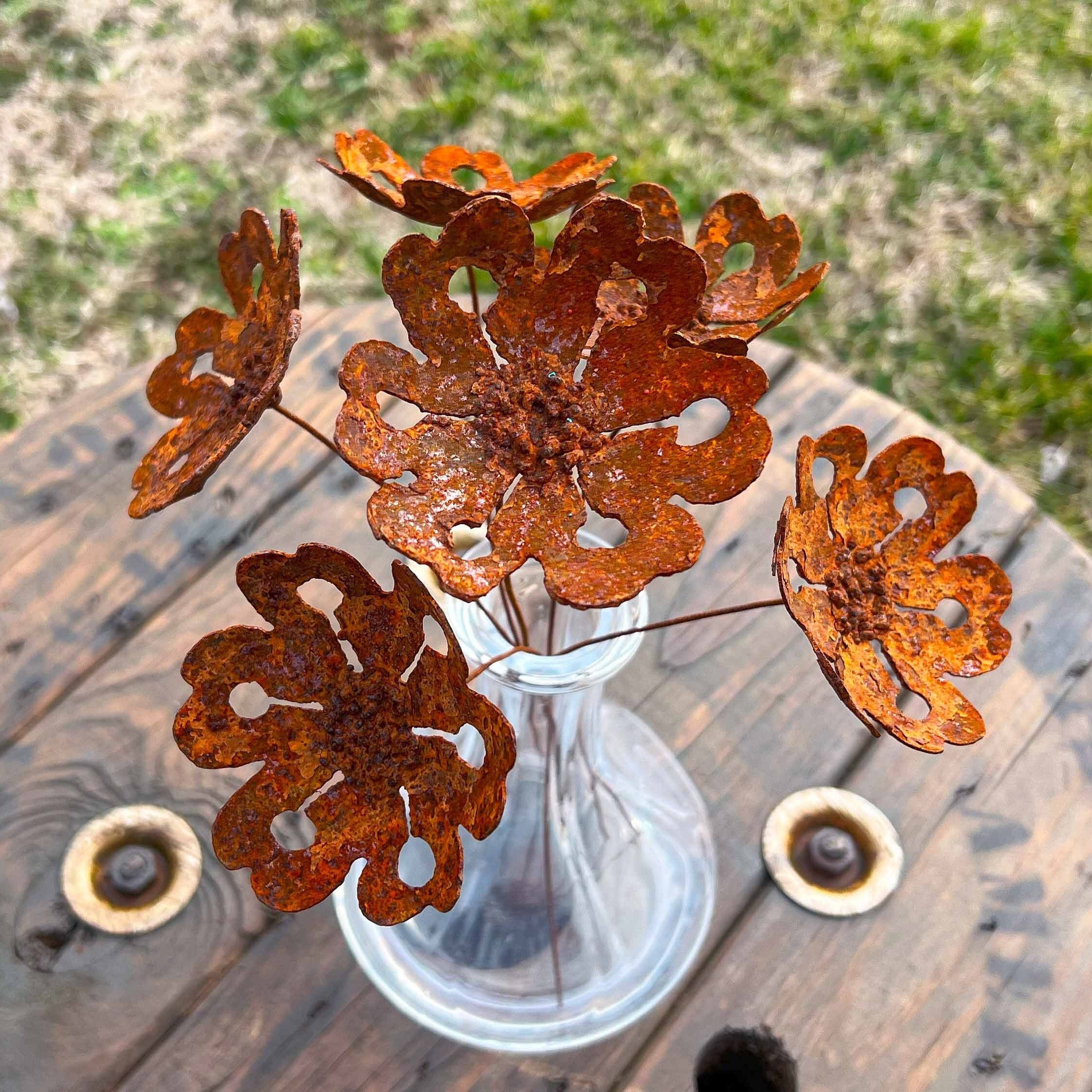 Handmade Rusty Metal Gardenia Flowers - Set of 6 - Industrial Floral Decor
