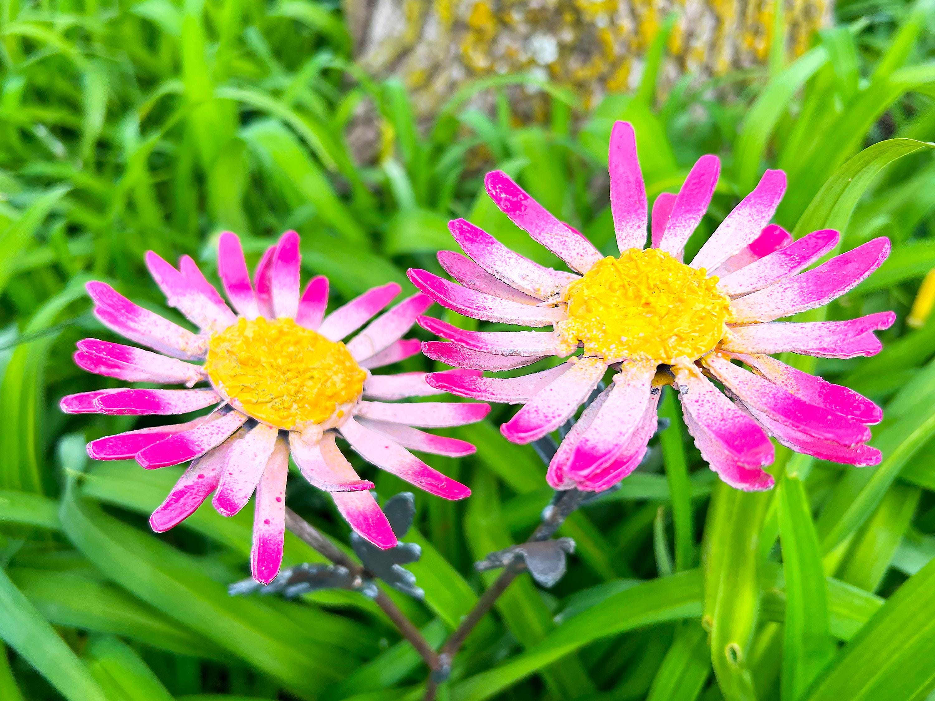 Handmade Pink & White Metal Daisy Yard Art - 22" Garden Decor