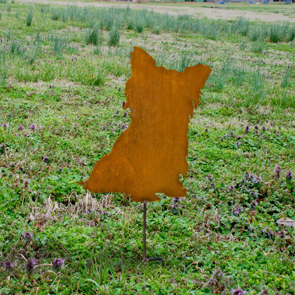 Rusty Metal Yorkshire Terrier Stake: Outdoor Garden Art