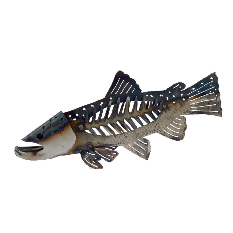 Metal fish sculpture on a white background