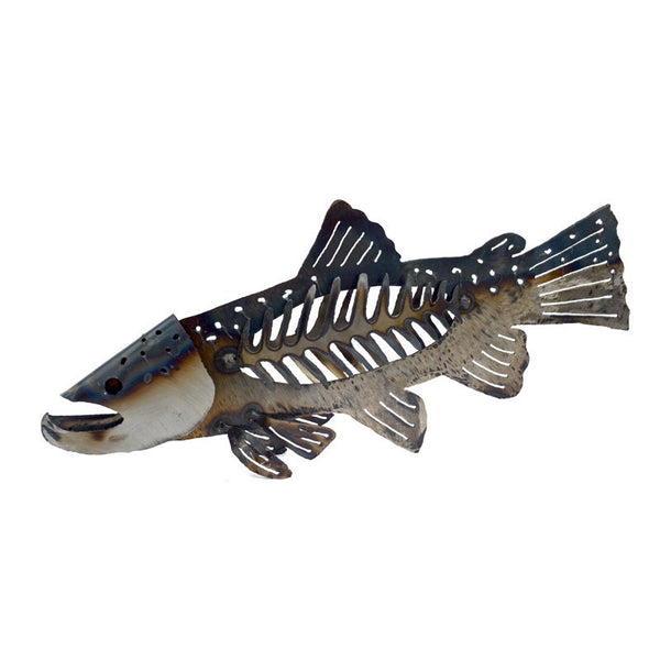 Metal fish sculpture on a white background
