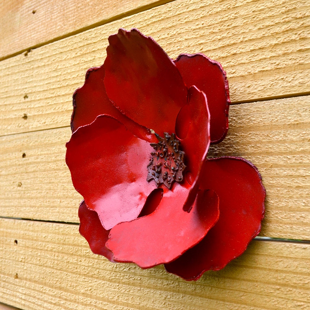 Red Metal Poppy Wall Art: Set of 3 Steel Flowers, Garden Decor