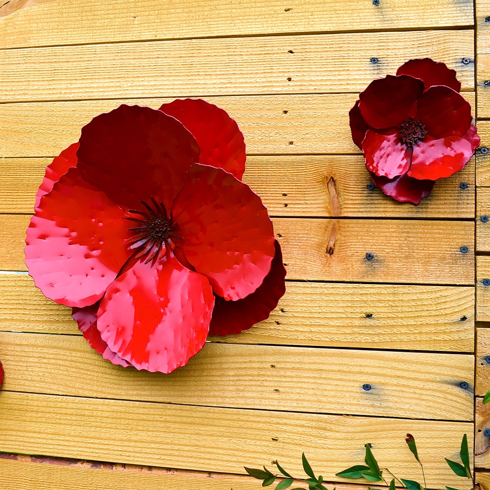 Red Metal Poppy Wall Art: Set of 3 Steel Flowers, Garden Decor