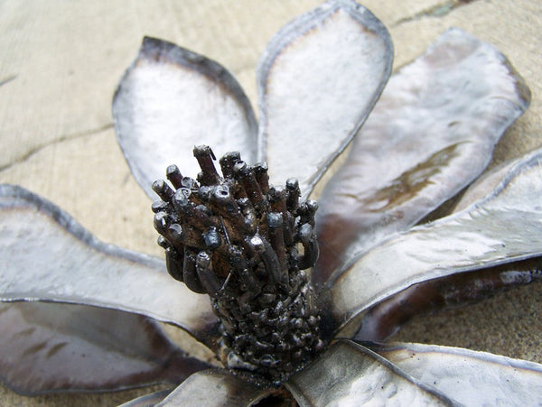 Hammered Steel Magnolia Blossom Sculpture - Silver Metal Wall Art