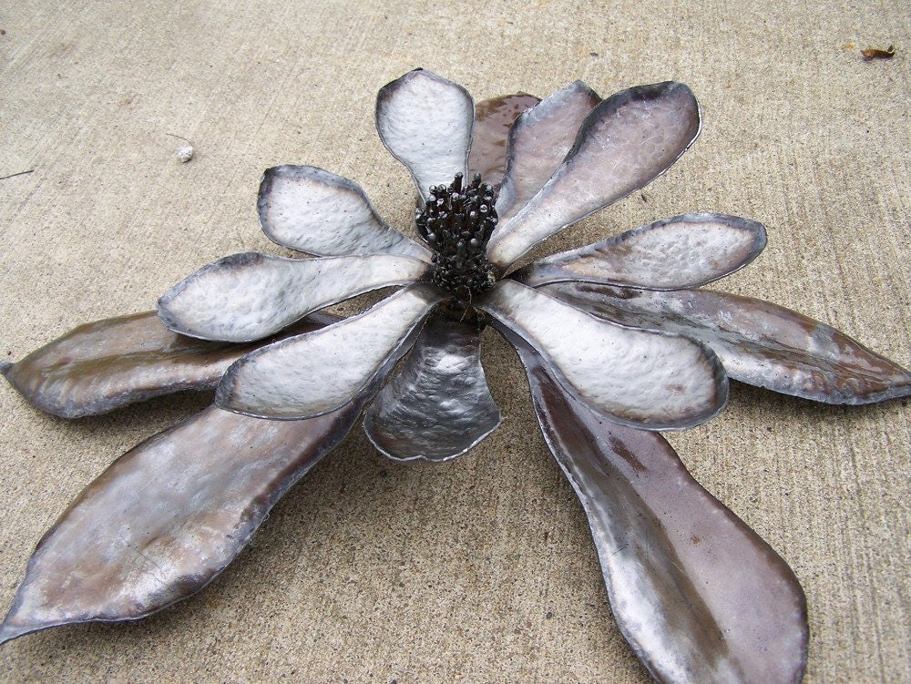 Hammered Steel Magnolia Blossom Sculpture - Silver Metal Wall Art