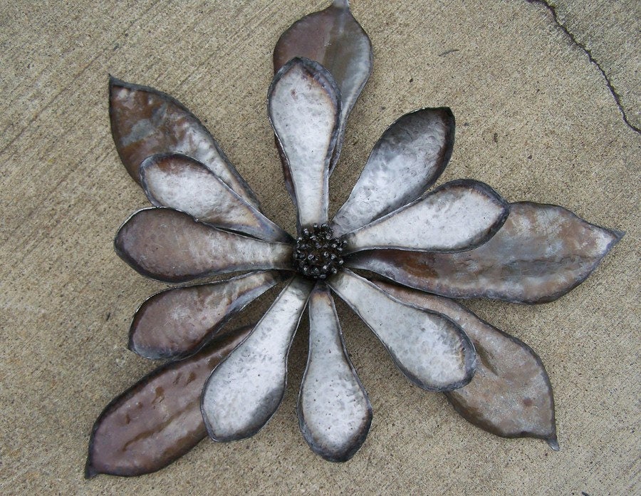 Hammered Steel Magnolia Blossom Sculpture - Silver Metal Wall Art