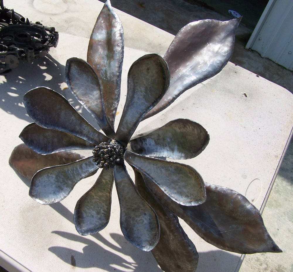 Hammered Steel Magnolia Blossom Sculpture - Silver Metal Wall Art