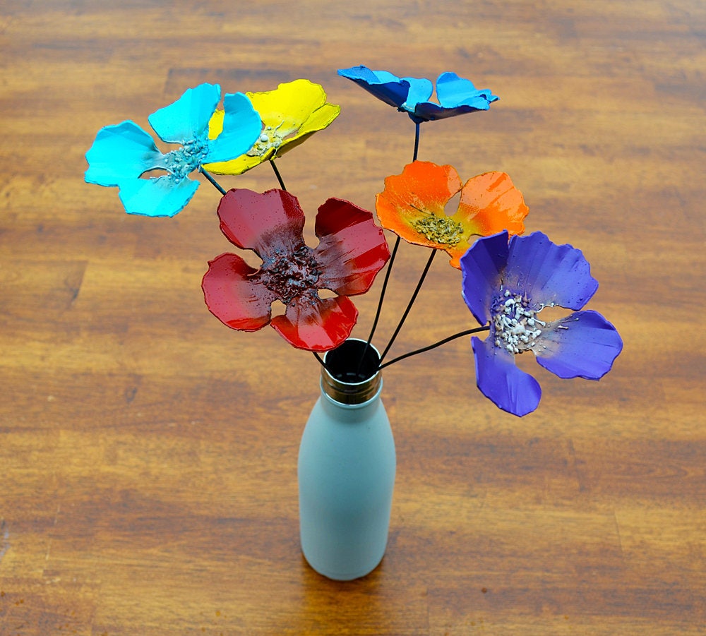 Metal Poppy Bouquet: Realistic Colorful Winter Flower Decor (Set of 6)