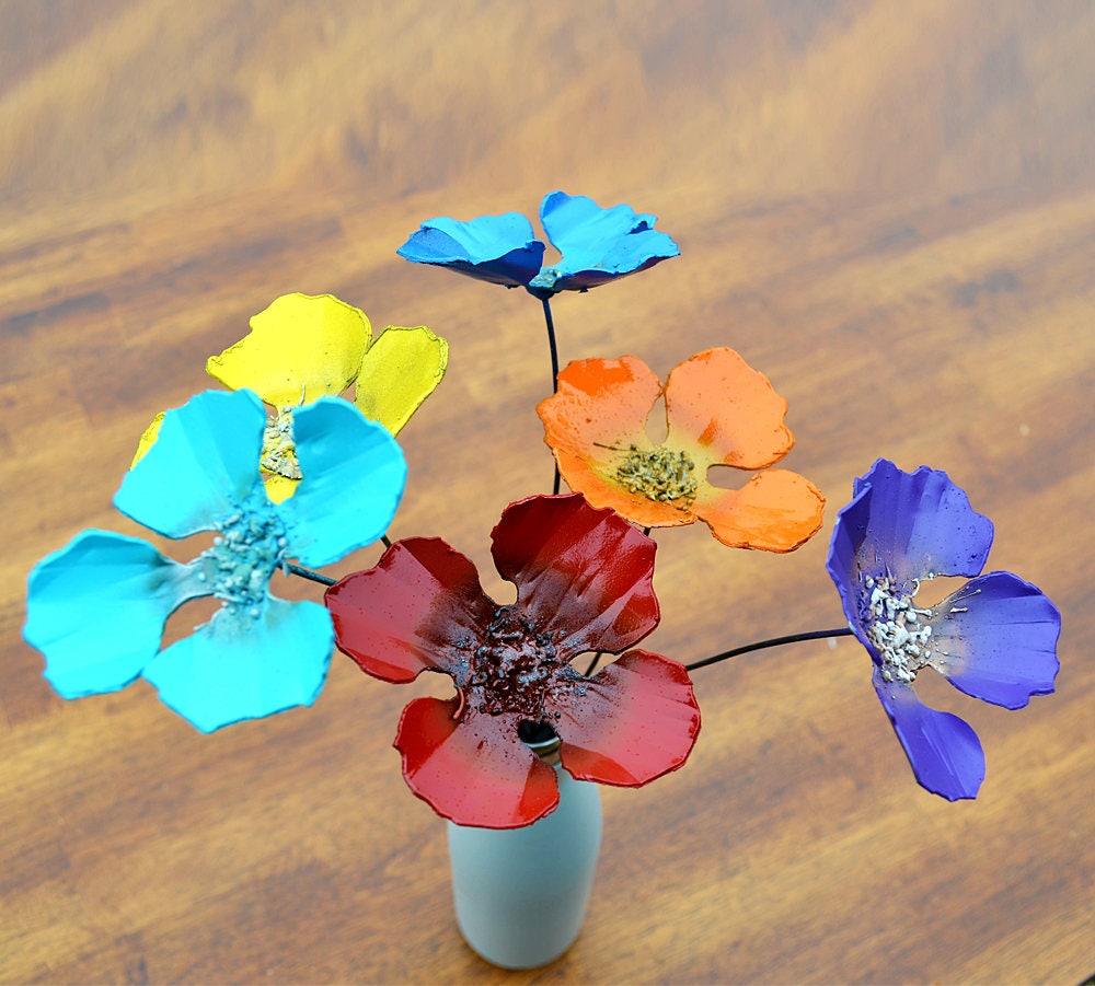 Metal Poppy Bouquet: Realistic Colorful Winter Flower Decor (Set of 6)