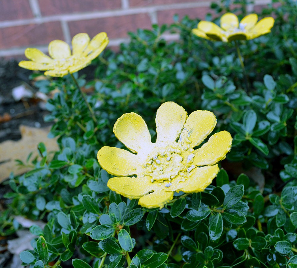 Handmade Yellow Metal Daisy Flowers: Rustic Home Decor, Made in USA