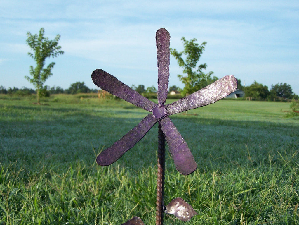 Purple Metal Flower Stake - Rustic Yard Decor - Thin Fellow Design