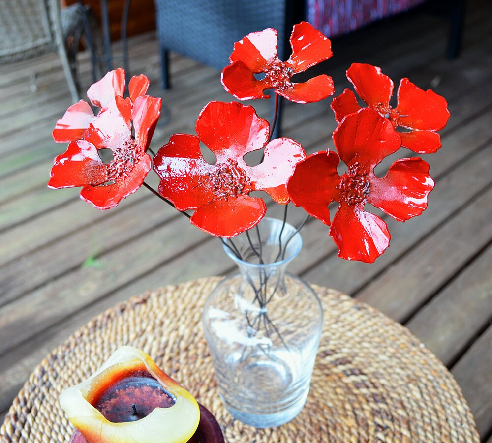 Metal Poppy Bouquet: Realistic Colorful Winter Flower Decor (Set of 6)