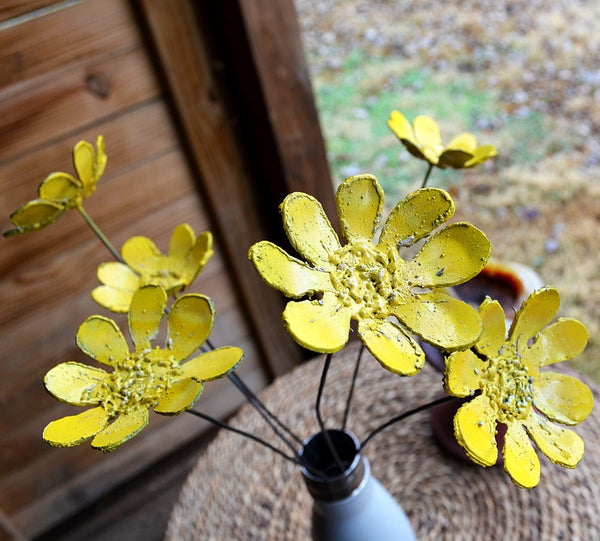 Handmade Yellow Metal Daisy Flowers: Rustic Home Decor, Made in USA