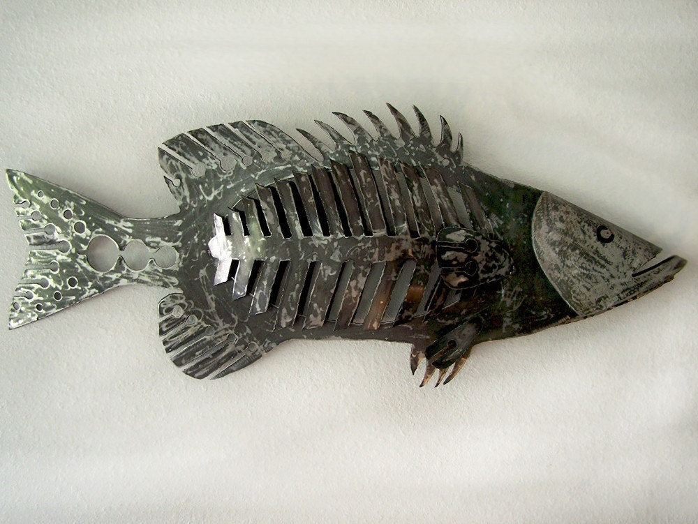 Giant Steel Bass Sculpture: 48" Wall Mounted Fish Decor