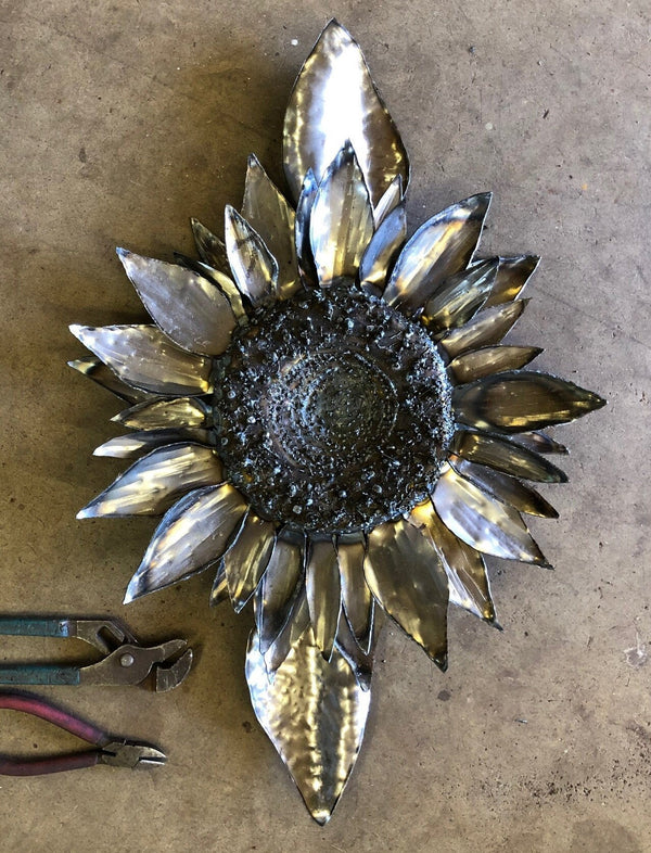 Silver Metal Sunflower Wall Art: Hammered Steel Sculpture