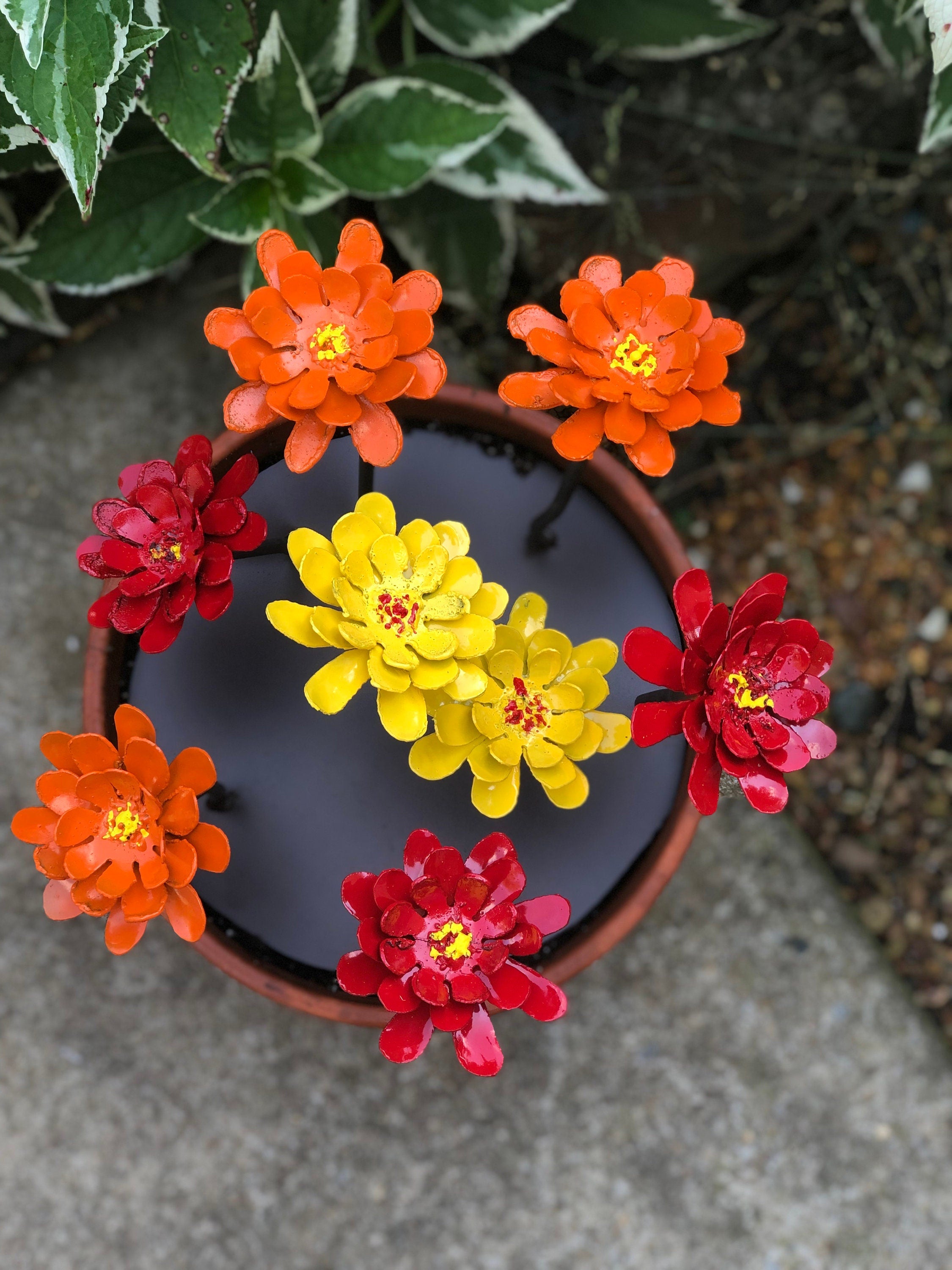 Metal Zinnia Flower Pot Insert: Colorful Steel Blooms, No Watering