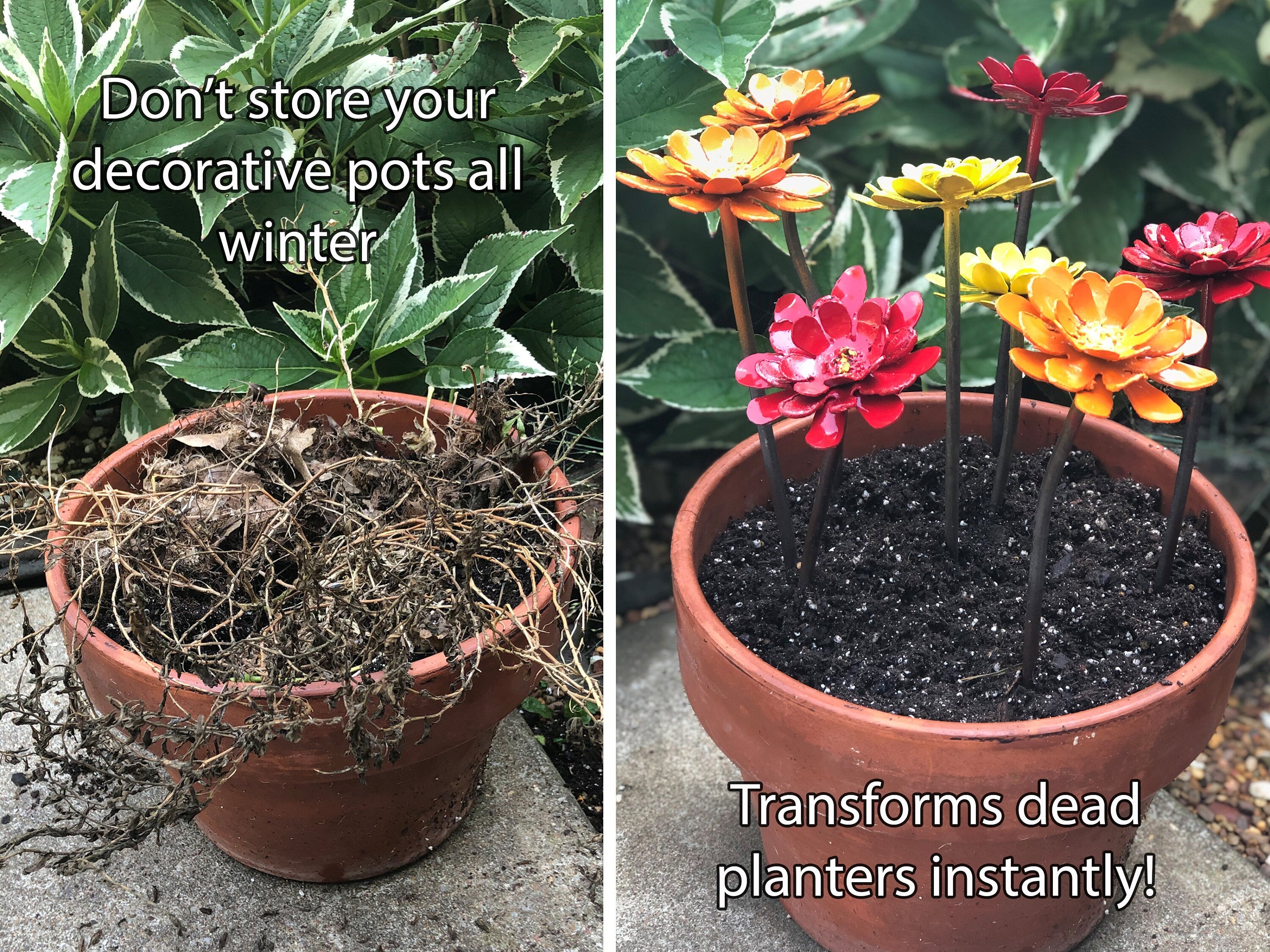 Metal Zinnia Flower Pot Insert: Colorful Steel Blooms, No Watering