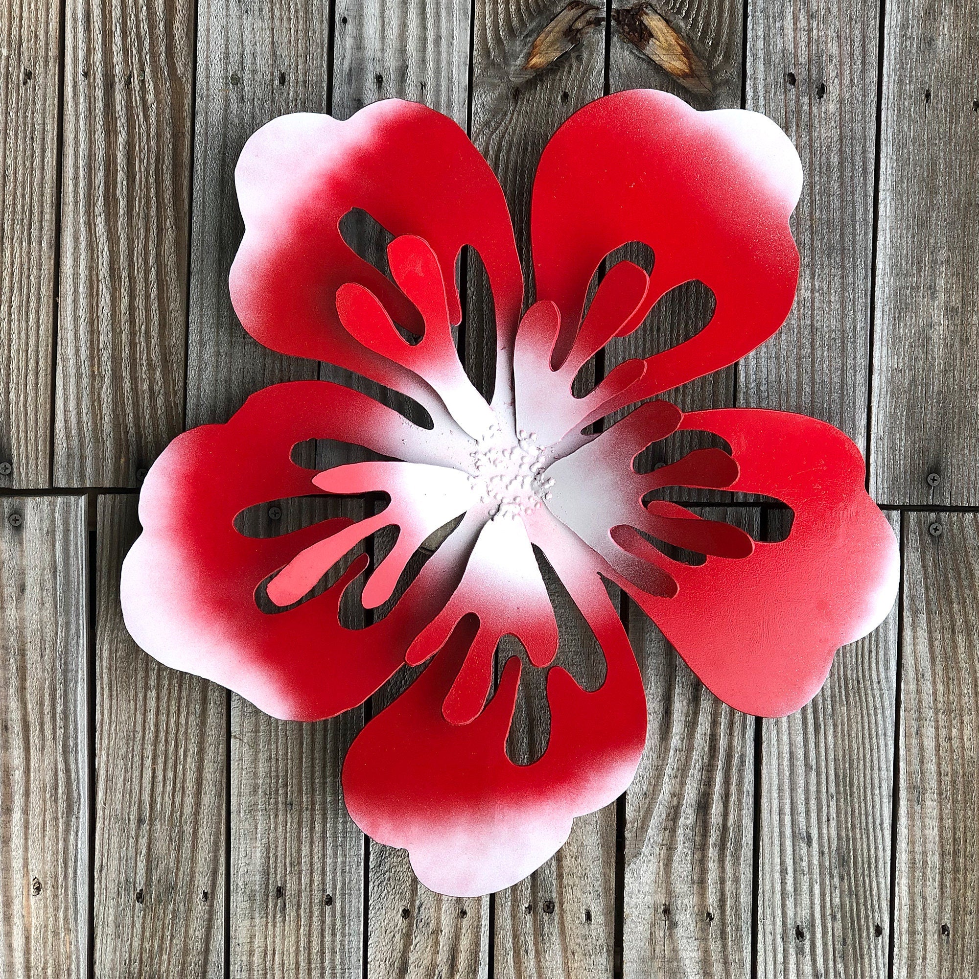 Metal Hibiscus Wall Art: Red & White Hawaiian Flower Sculpture (21"x21")