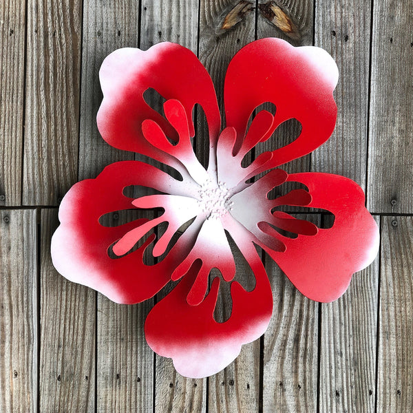 Metal Hibiscus Wall Art: Red & White Hawaiian Flower Sculpture (21"x21")