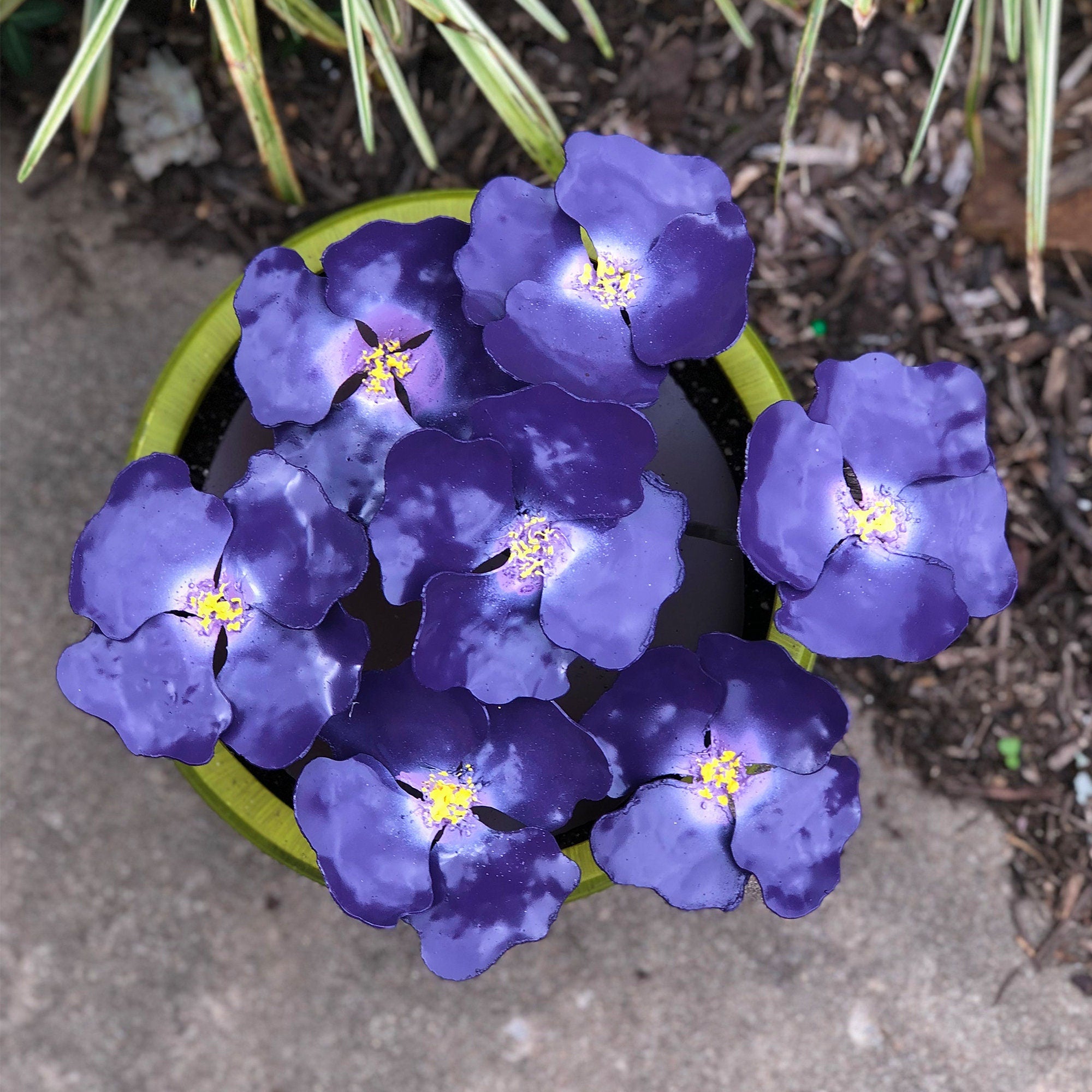 Metal Pansy Flower Pot Insert: Colorful Garden Art, No Watering