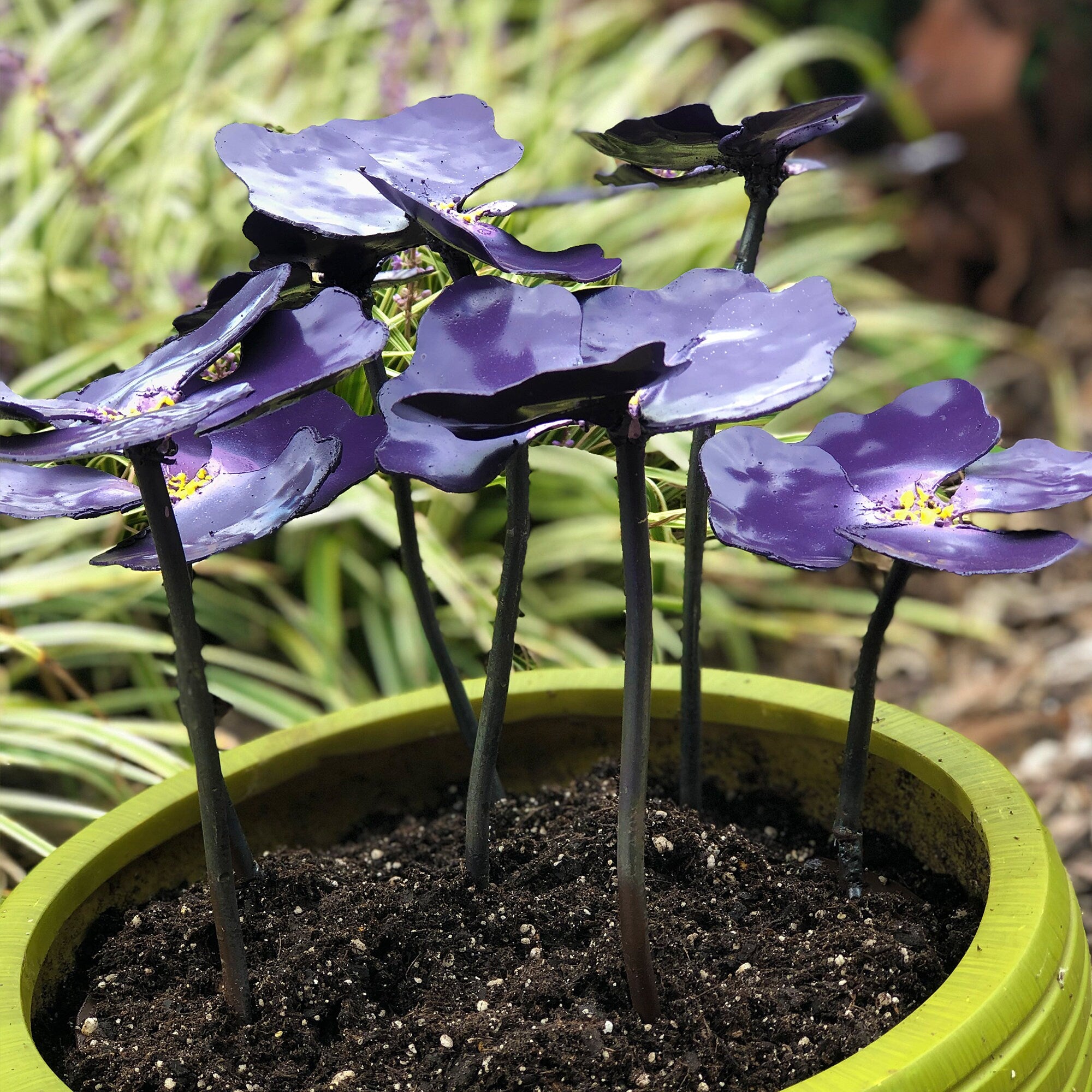 Metal Pansy Flower Pot Insert: Colorful Garden Art, No Watering