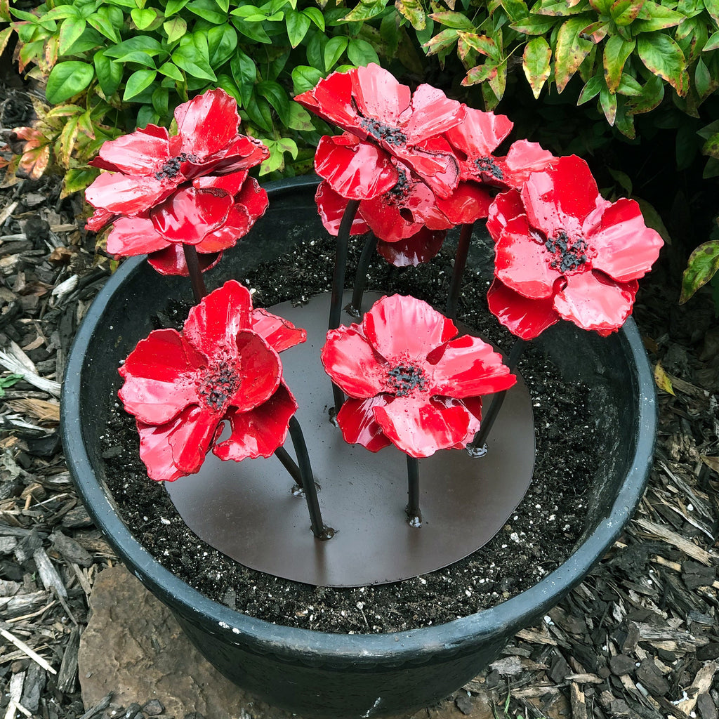 Metal Poppy Flower Garden Art: Colorful Steel Bloom Insert