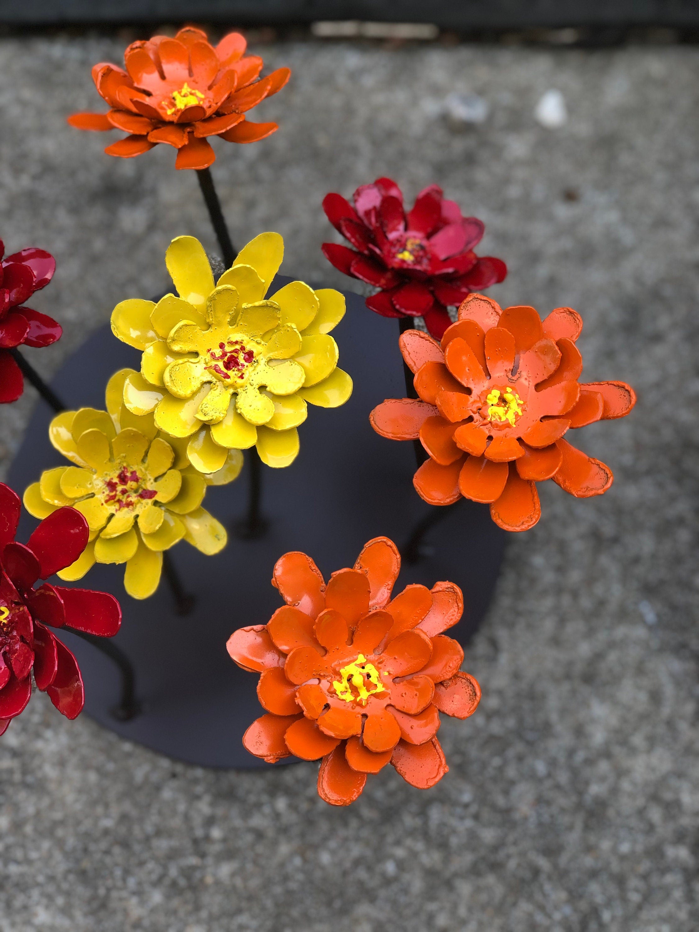 Metal Zinnia Flower Pot Insert: Colorful Steel Blooms, No Watering