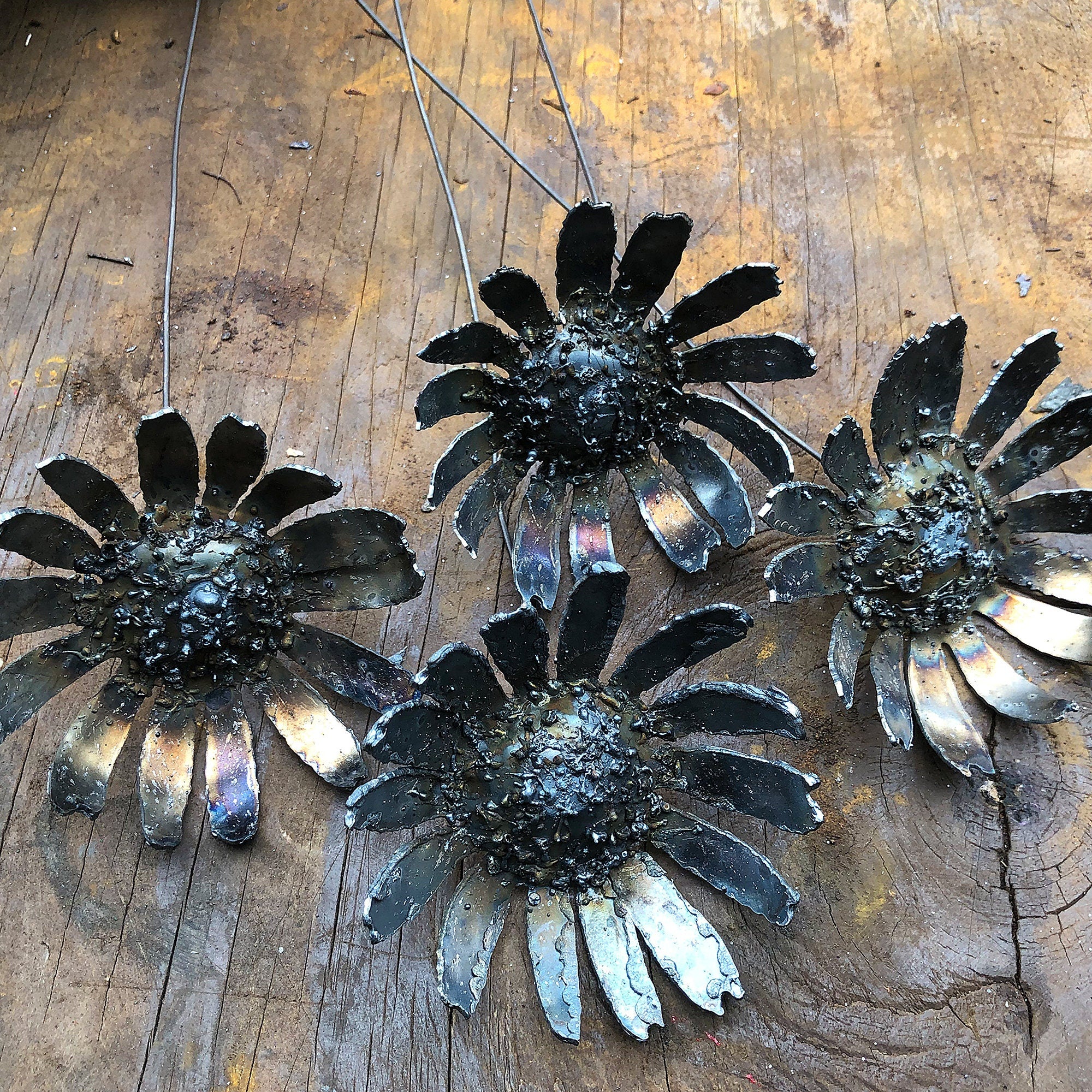 Handmade Raw Steel Gerbera Daisy Flowers: Industrial Home Decor, Set of 4