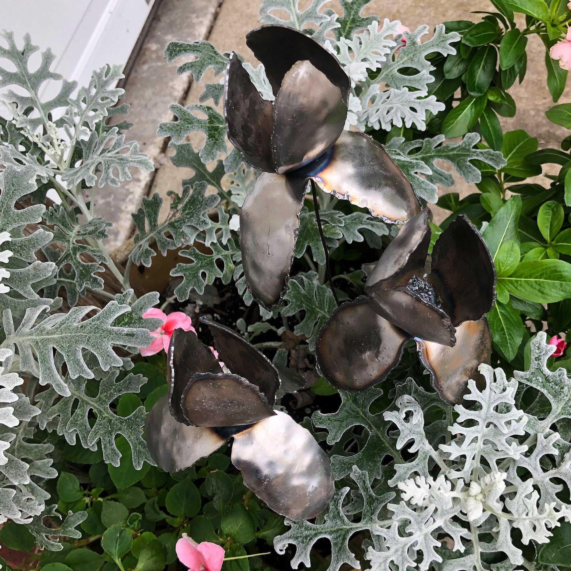 Handmade Raw Steel Iris Flower Stakes - Industrial Home Decor, Set of 3