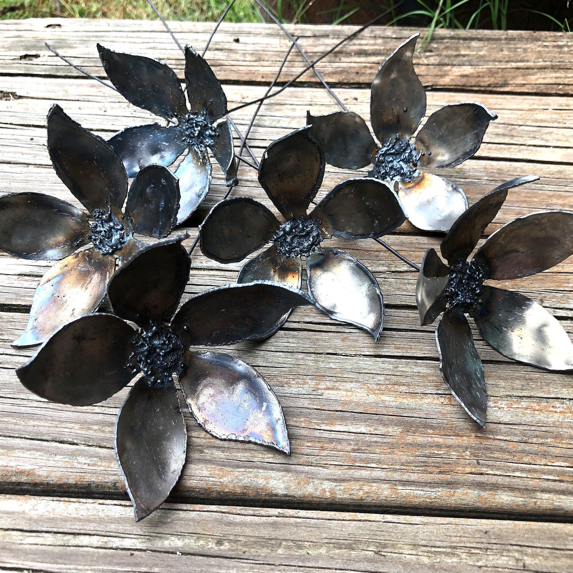 Handmade Steel Jasmine Flower Stakes: Unfinished Metal Garden Art, Set of 6