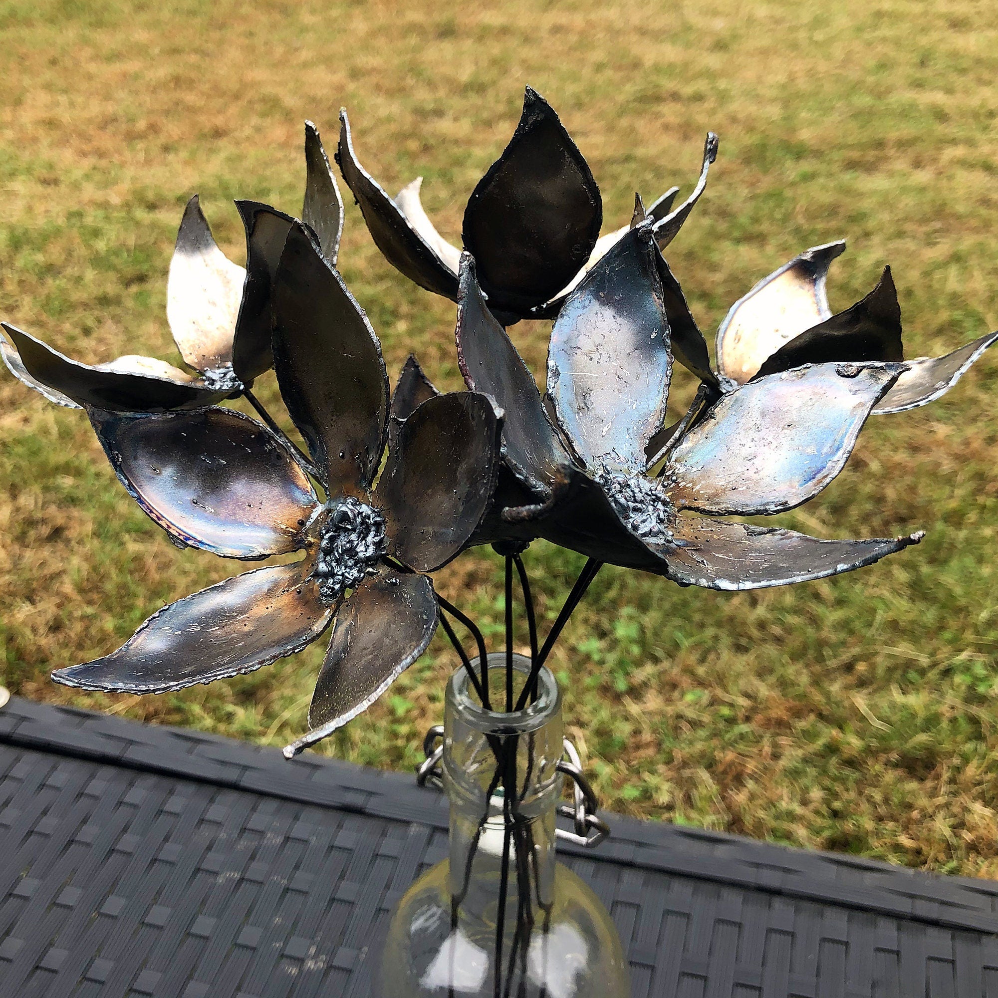 Handmade Steel Jasmine Flower Stakes: Unfinished Metal Garden Art, Set of 6