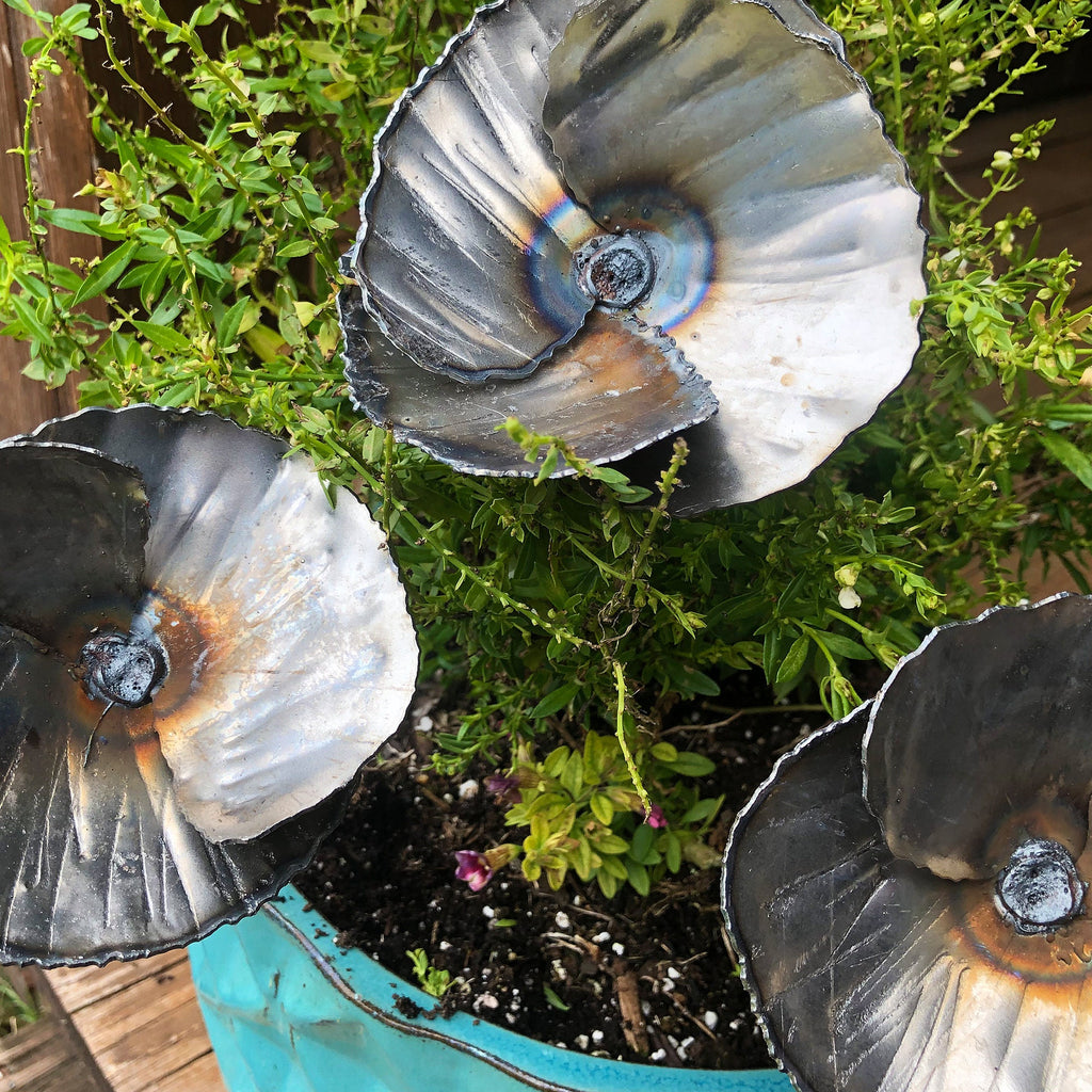 Handmade Steel Poppy Decor - Set of 3 - Industrial Flower Stakes