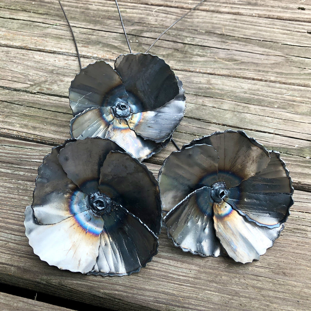 Handmade Steel Poppy Set: Industrial Flower Stems, Vase Accent Decor