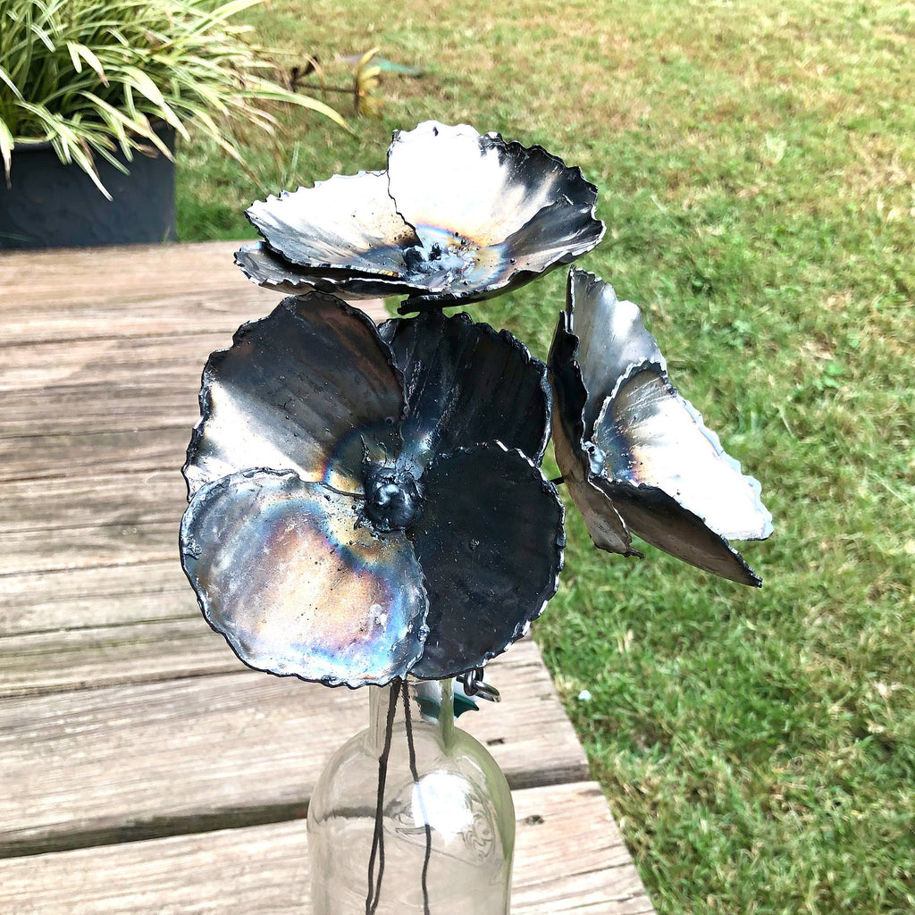 Handmade Steel Poppy Flower Stakes: Rustic Home Decor, Set of 3