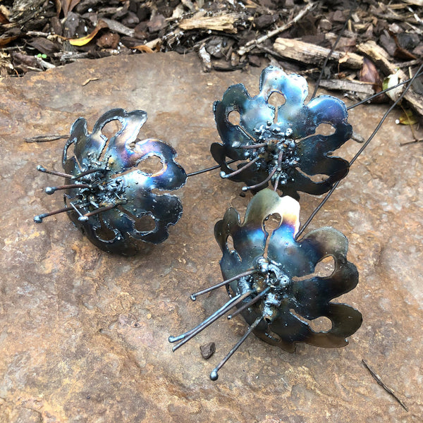 Handmade Steel Flower Stakes: Industrial Home Decor, Set of 3
