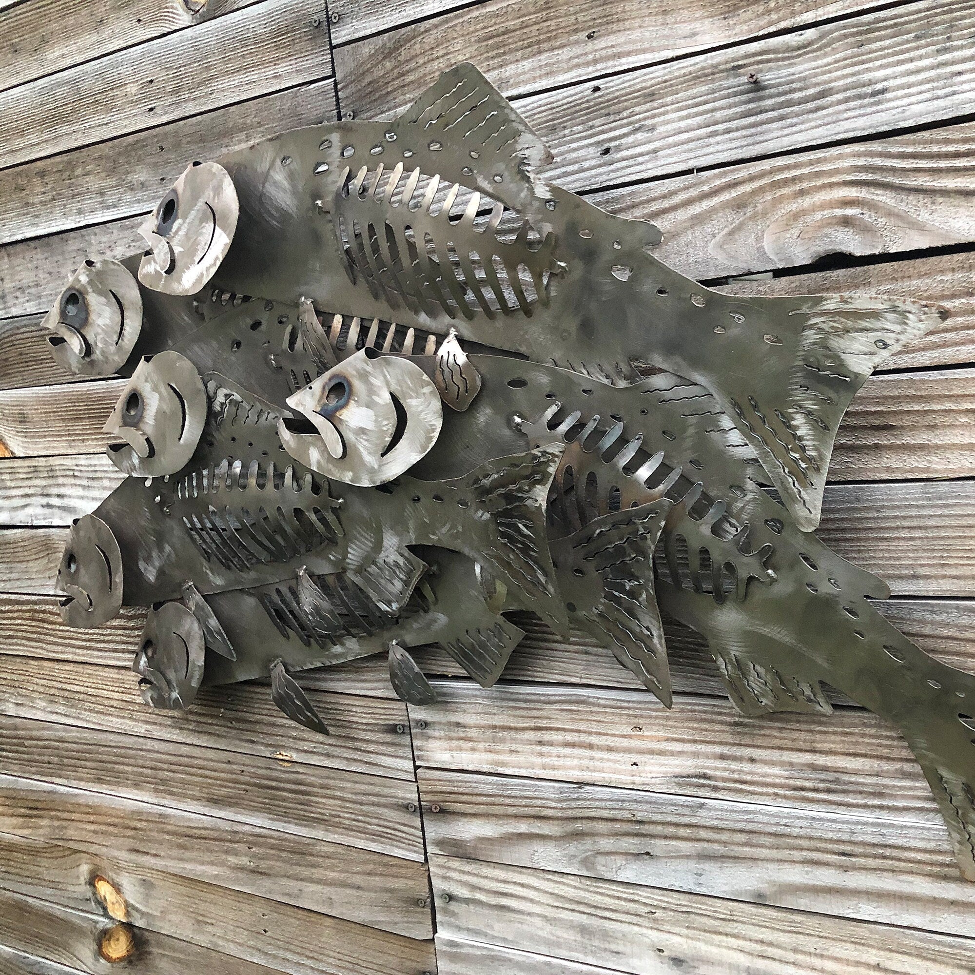Salmon run wall mounted high end lodge decor 48 inch long metal sculpture