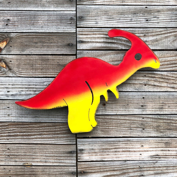 Handmade Metal Parasaur Wall Art: Unique Dinosaur Decor (24" x 16")