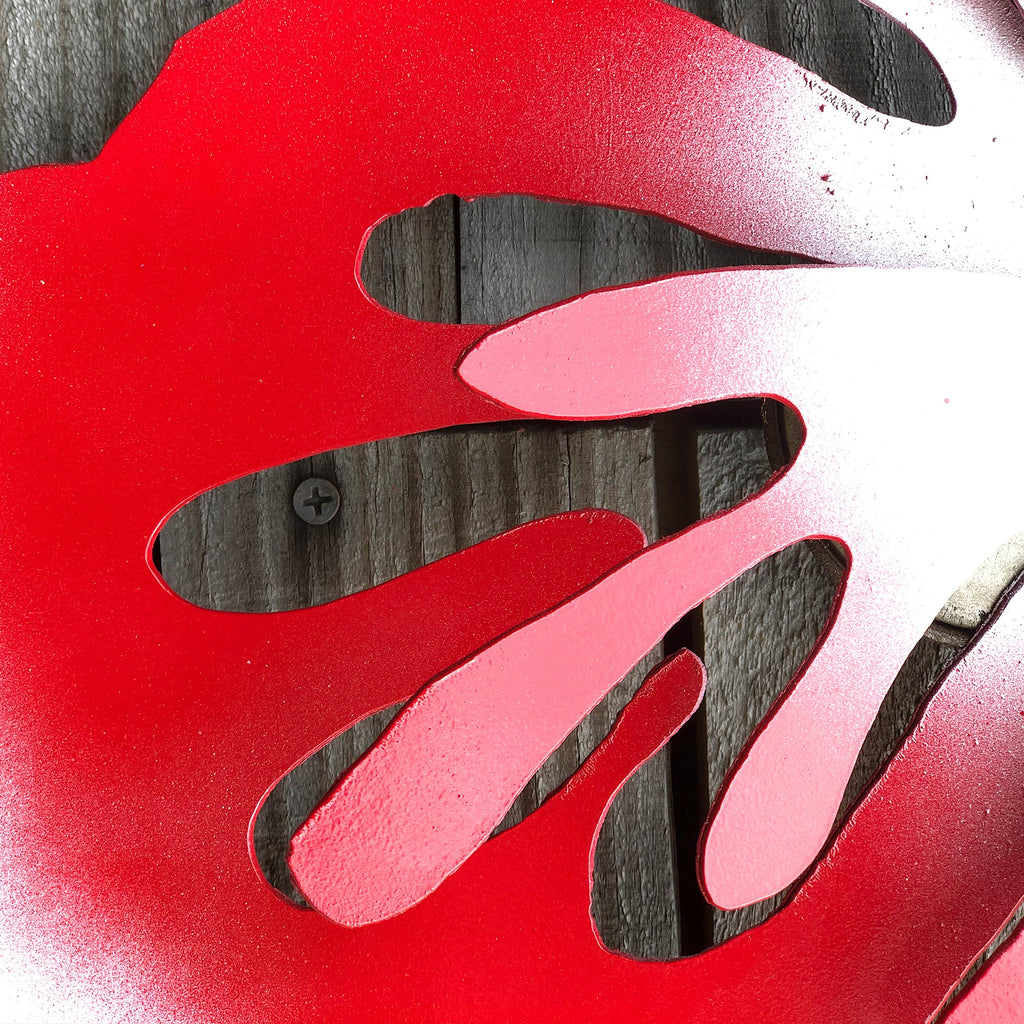 Metal Hibiscus Wall Art: Red & White Hawaiian Flower Sculpture (21"x21")