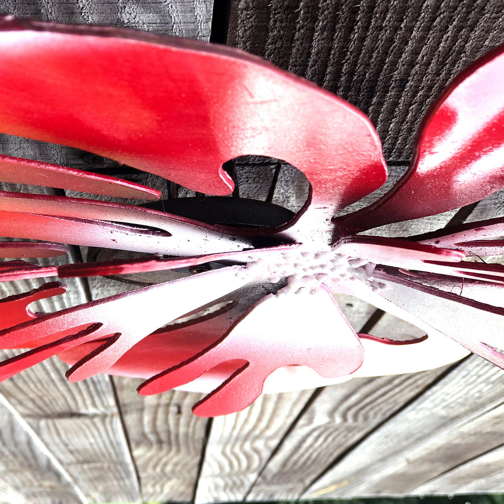 Metal Hibiscus Wall Art: Red & White Hawaiian Flower Sculpture (21"x21")