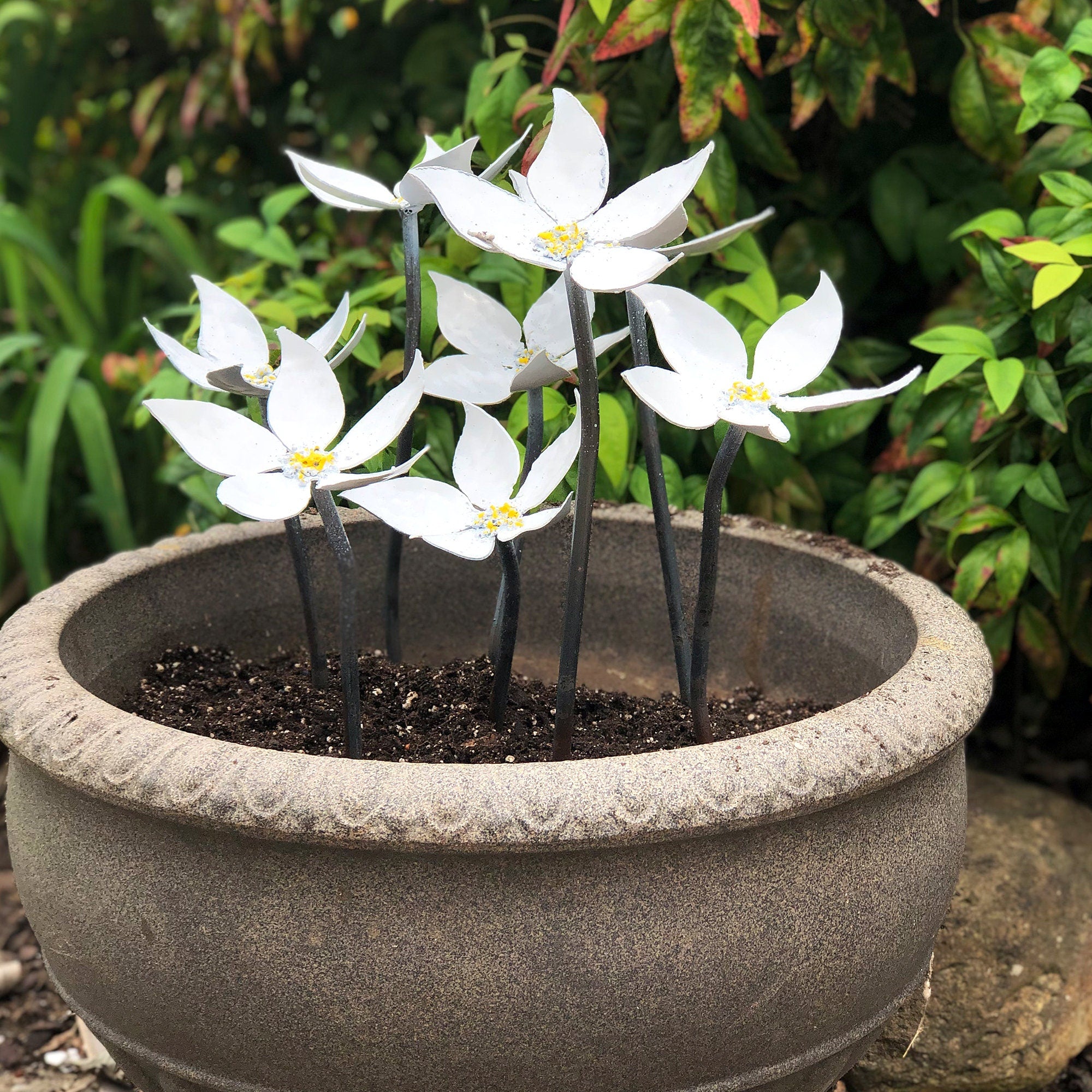 Metal Jasmine Flower Garden Art: Colorful Bloom Pot Insert