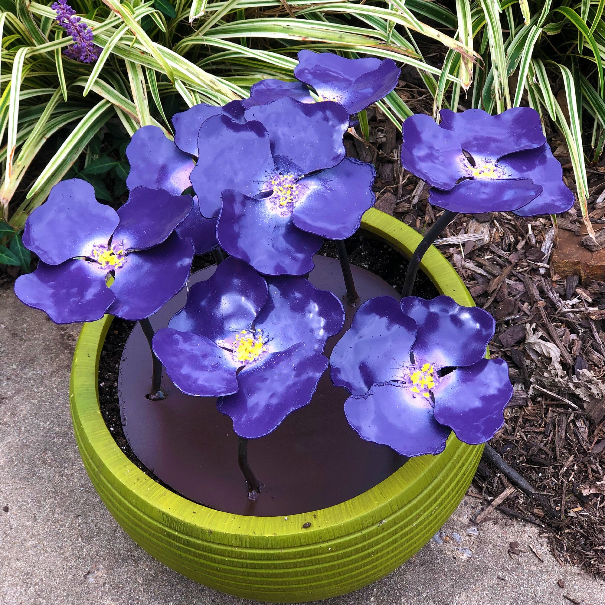 Metal Pansy Flower Pot Insert: Colorful Garden Art, No Watering