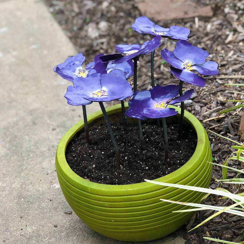 Metal Pansy Flower Pot Insert: Colorful Garden Art, No Watering