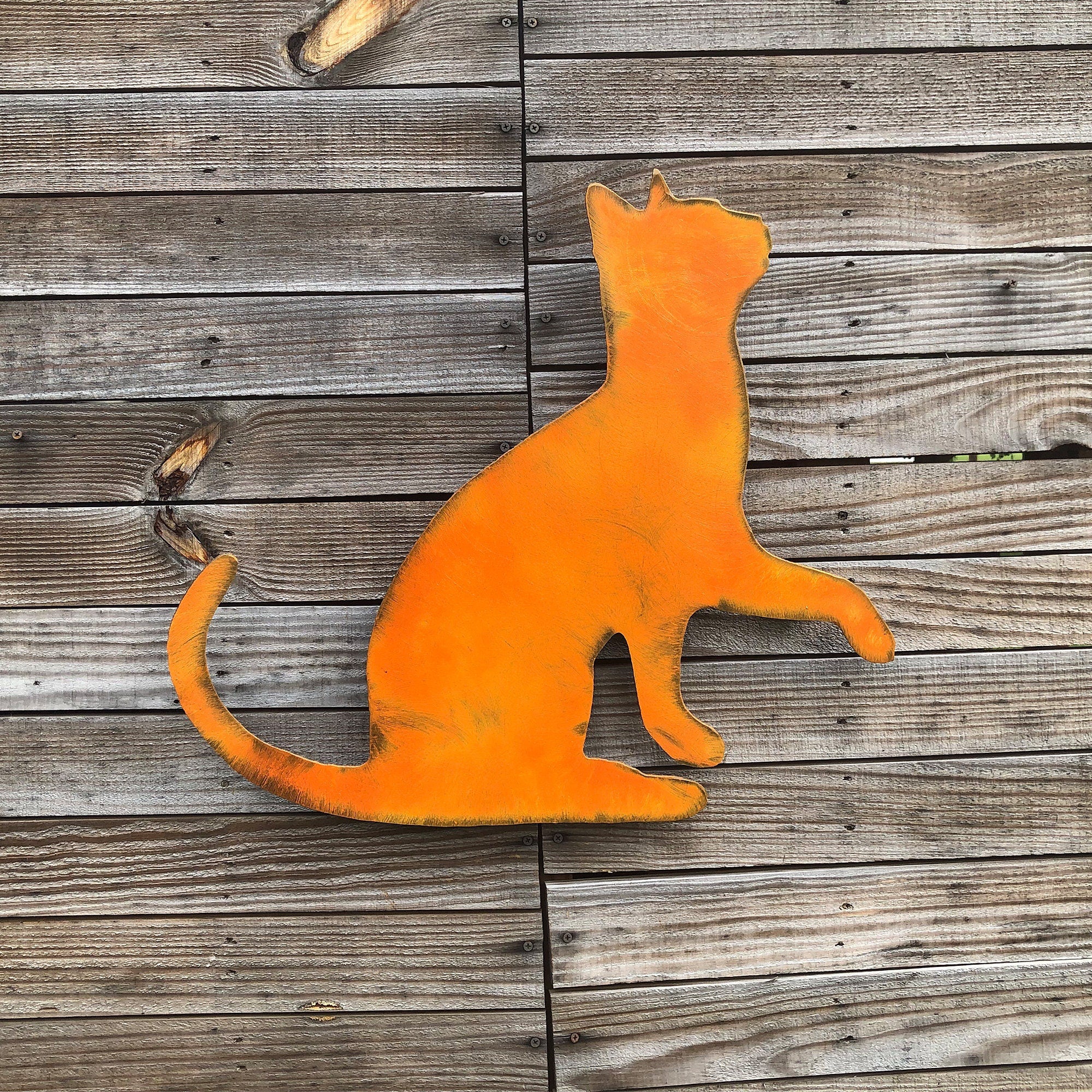 Handmade Orange Tabby Cat Metal Wall Art - Privacy Fence Decor