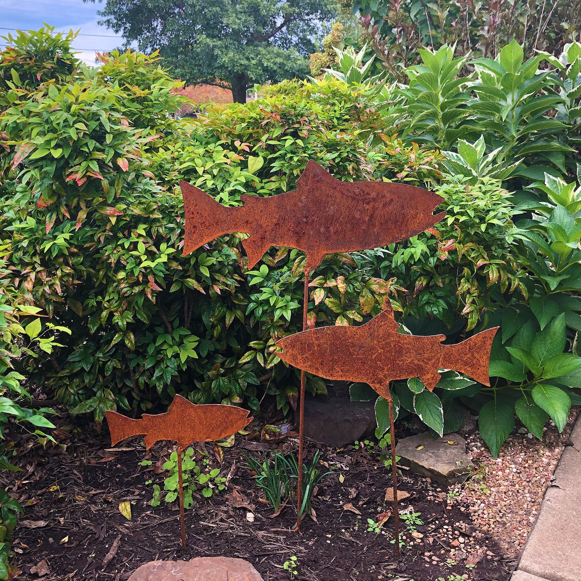 Handmade Rusty Metal Trout School: Outdoor Garden Art