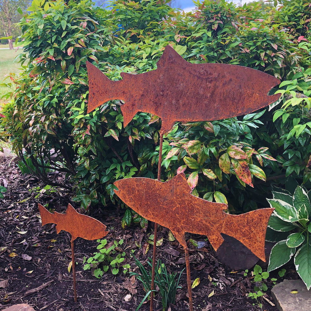 Handmade Rusty Metal Trout School: Outdoor Garden Art
