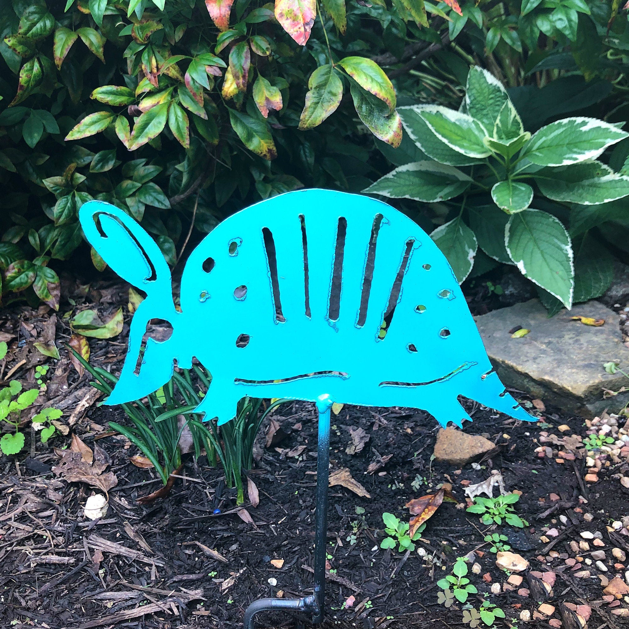 Turquoise Metal Armadillo Yard Art: Southwestern Garden Stake